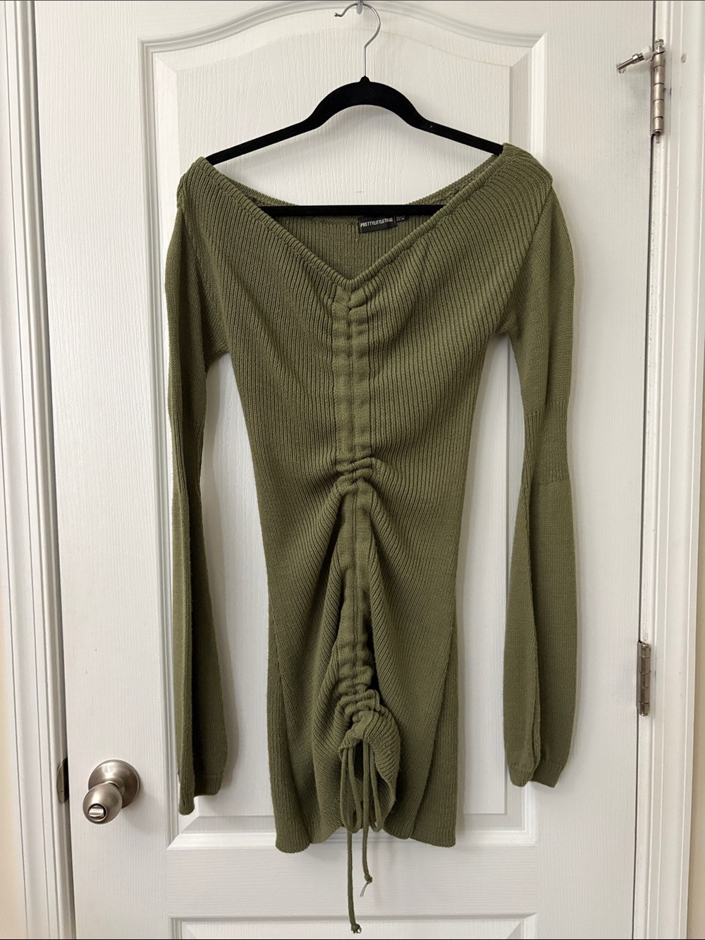 Olive Green Ribbed Off Shoulder Stringed Sweater Dress